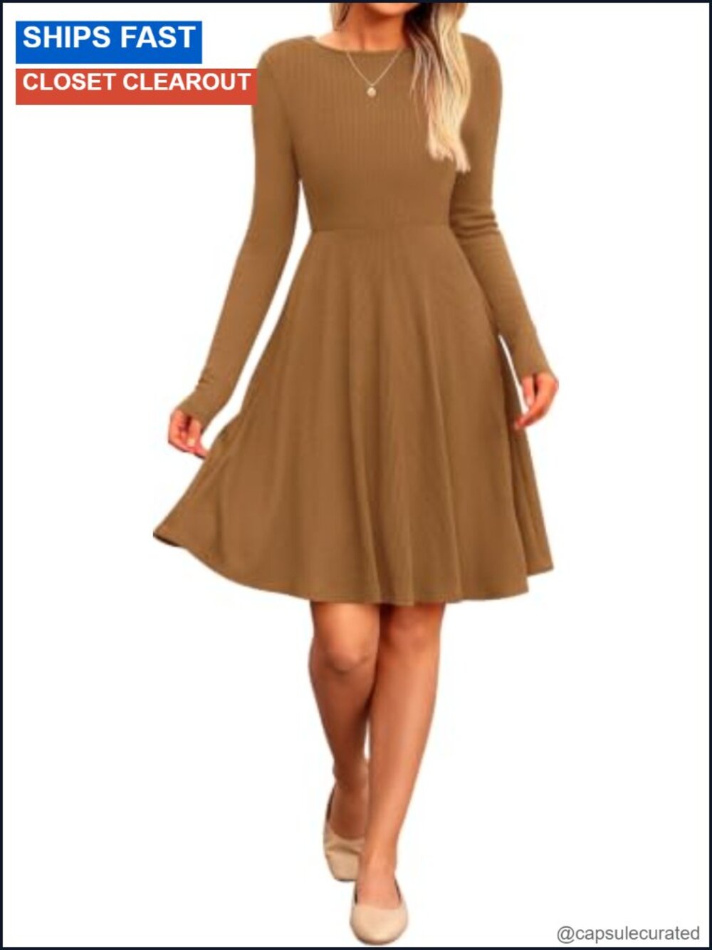 Ribbed Knit Long Sleeve Mini Dress A-Line Casual Fall Winter